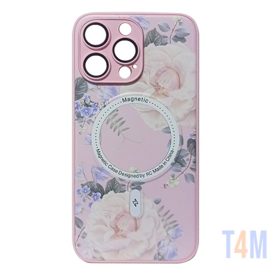 Funda Magnética Diseño de Floral para Apple iPhone 15 Pro Max Rosa